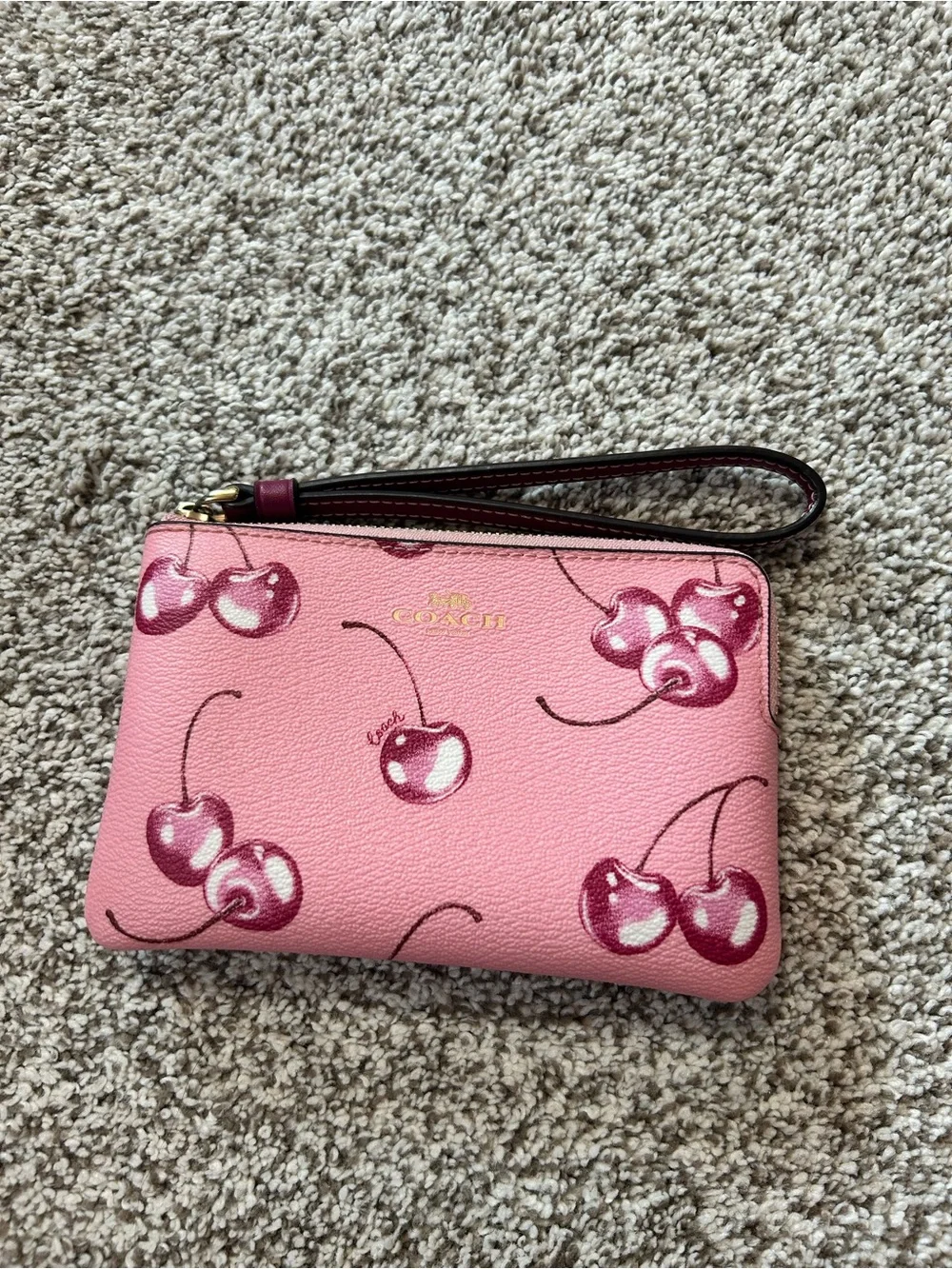 Coach Pink Cherry Print Wristlet Clutch with Gold Logo
